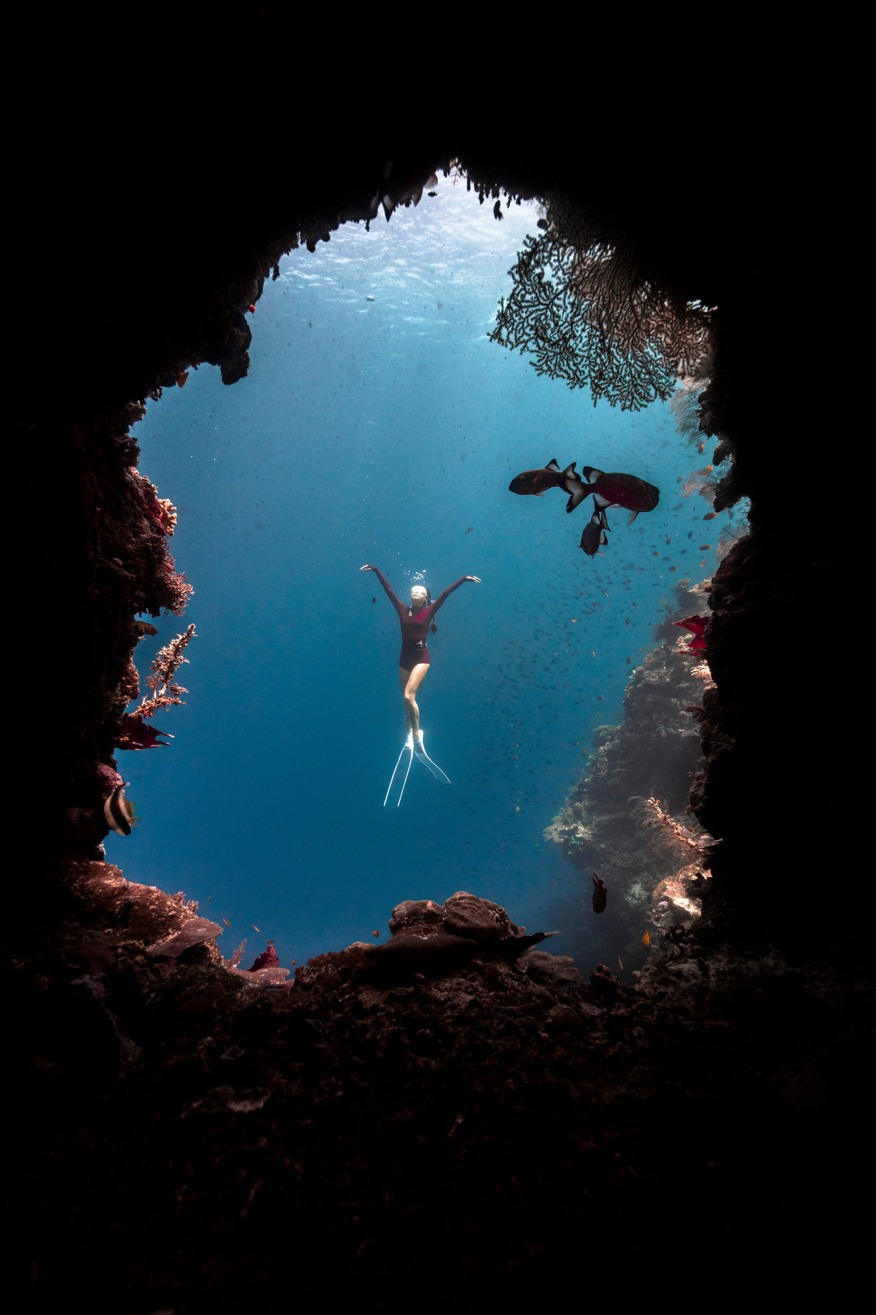 Freediver di mulut goa bawah laut Selayar