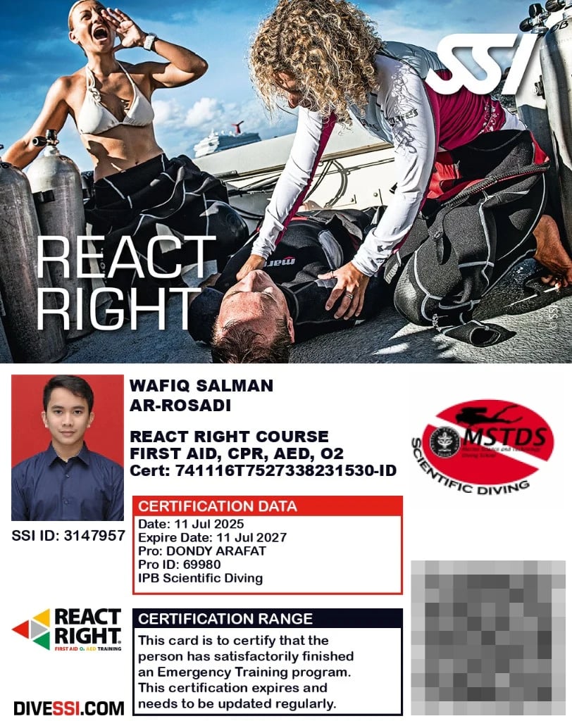 Kartu SSI React Right First Aid, CPR, AED, O2, Wafiq Salman Arrosadi